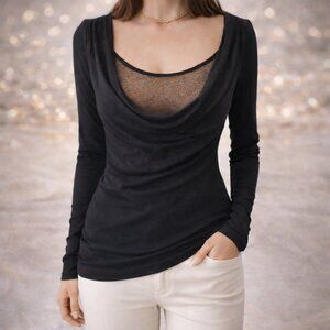 Metro7 New Black Knitted Sweater Cowl Neck  W Bronze Mesh Layer Accent Small